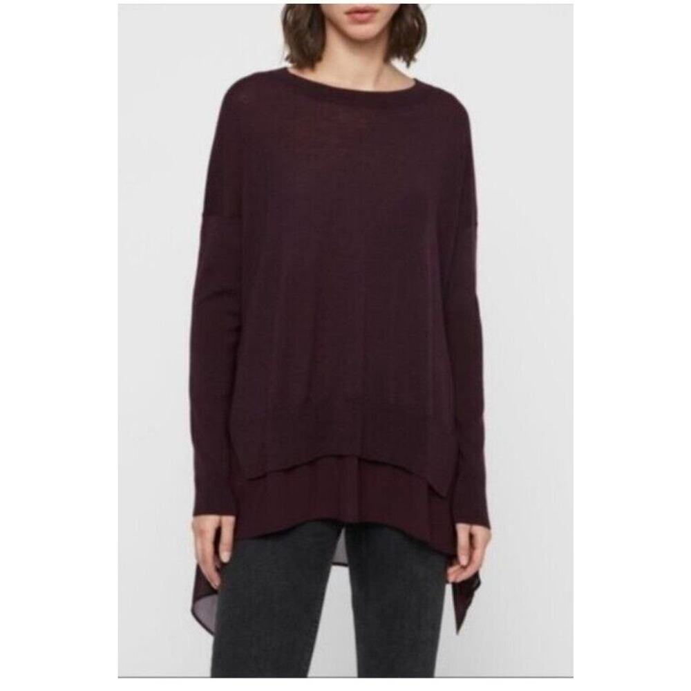 All Saints Sweater Womens Large Libby Crew Neck 100% Merino Wool Purple High Low - Picture 1 of 12